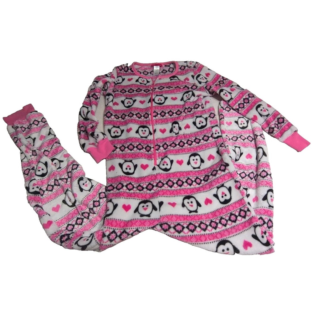 SR2 Penguin One Piece Pajamas Womens Medium Pink Fleece Heart Union Suit‎ 196136